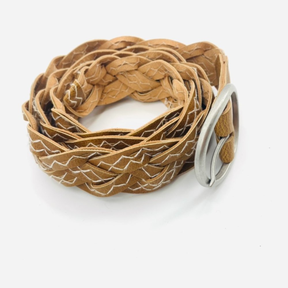 Wide Braided Woven Belt Tan Brown Soft Embroidered